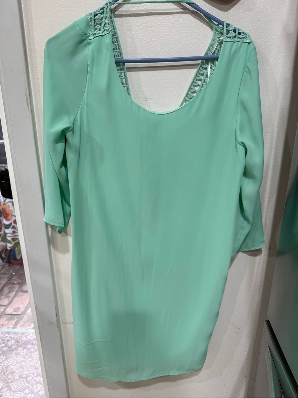 Coveted Clothing Mint Green Scoop-Neck Shift Dress with Crochet Shoulders